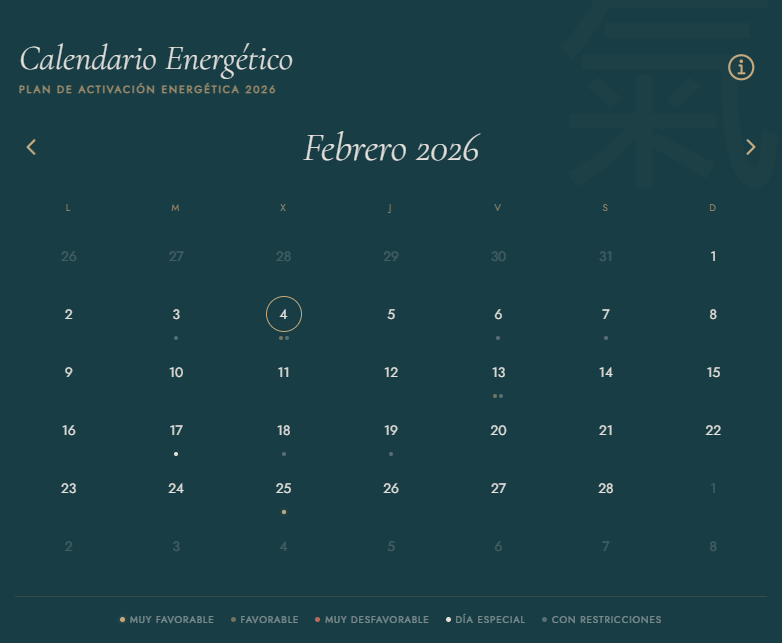 Calendario interactivo 2026 · Espacio Vital Feng Shui